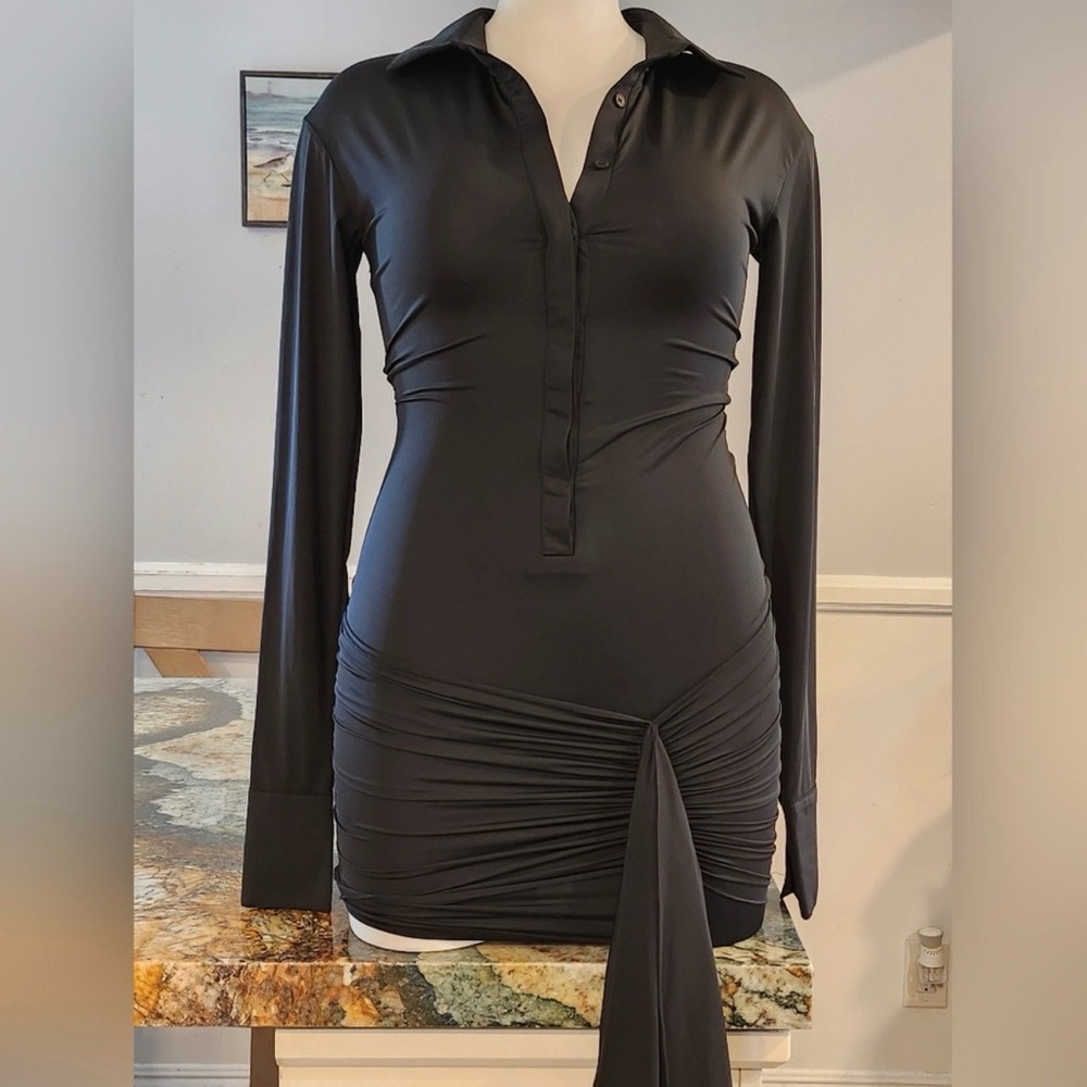 Lioness Black Long-Sleeve Ruched Tie-Detail Mini Dress - Picture 5 of 7
